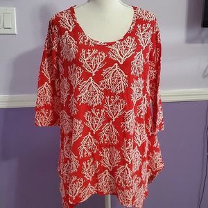 Sun Bay Red Coral Print 3/4 Sleeve Summery Coastal Nautical Beach Tunic Top LP